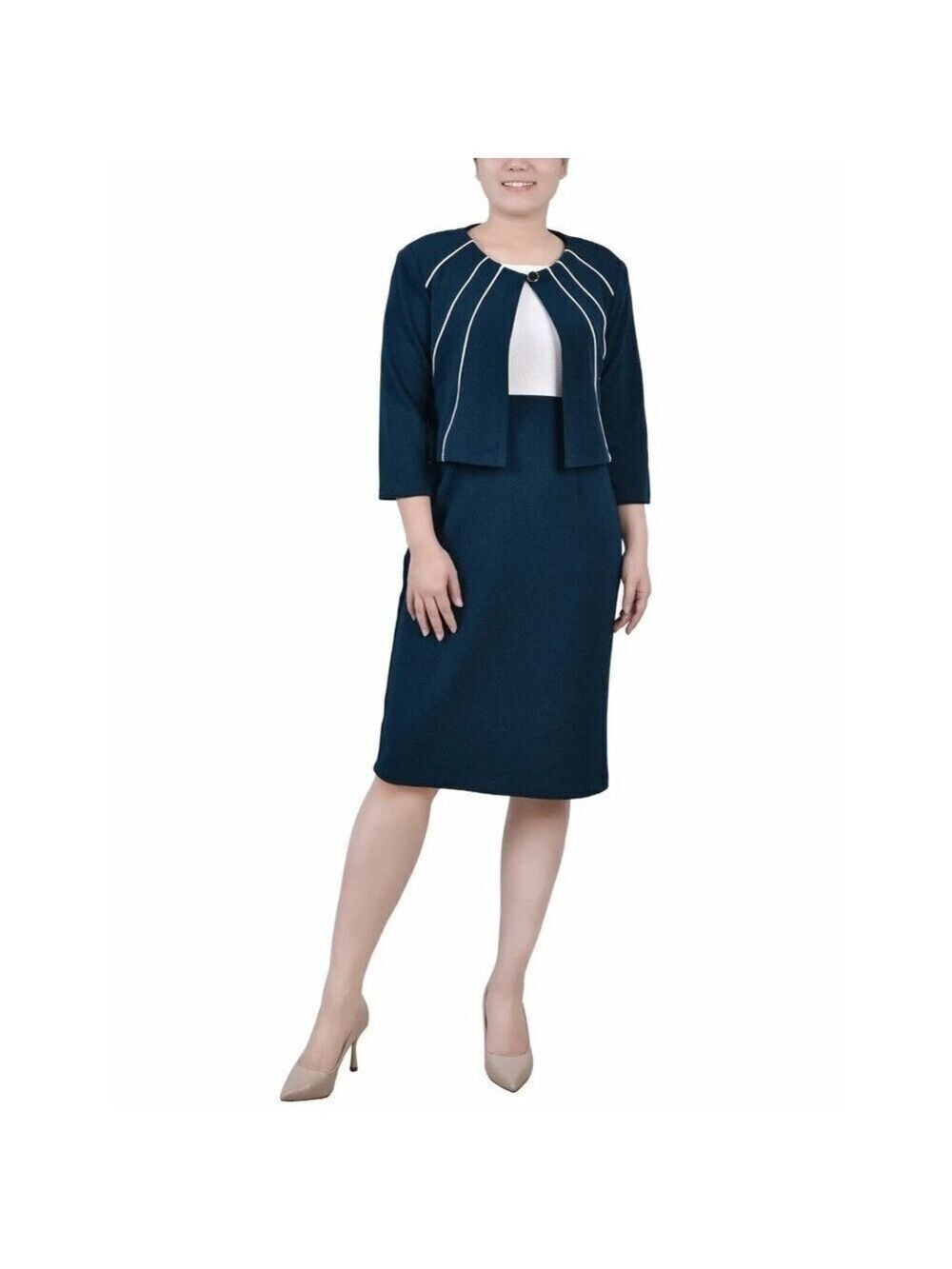 NY Collection Women's Petite 2 Piece Dress Set in Mallard Blue & White S…
